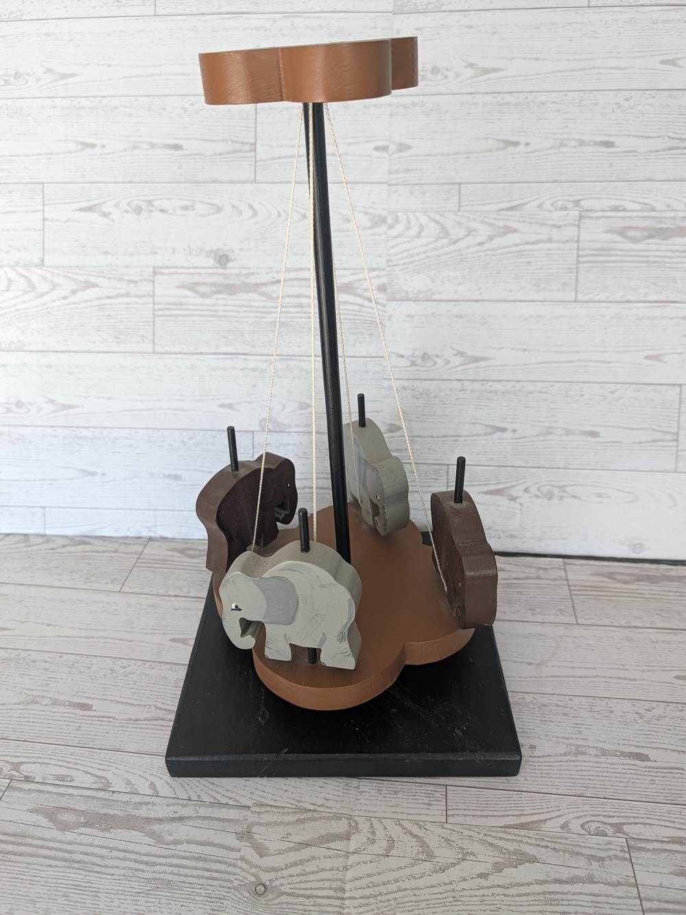 Vintage Handmade Wooden Spinning Carousel Toy – Folk Art Elephant Merry-Go-Round